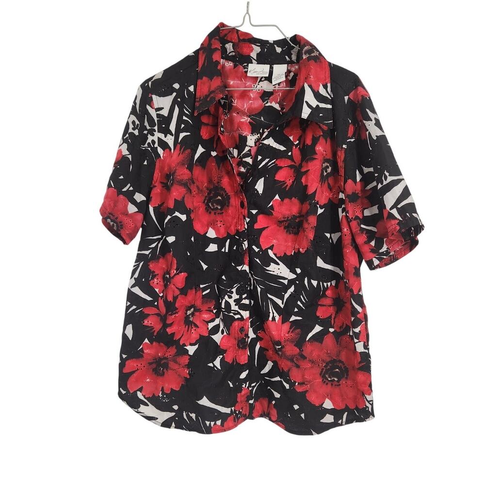 Kim Rogers Black and Red Floral Print Top - Women's 1X